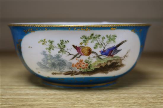A Sevres style bleu celeste ornithological bowl, diameter 16.5cm
